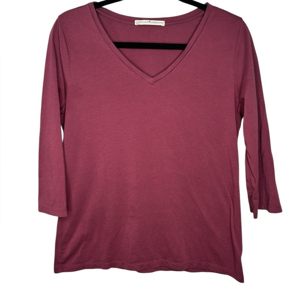 Peruvian Connection Pima Cotton 3/4 Sleeve Scoop V Neck Blouse T Shirt Size Med